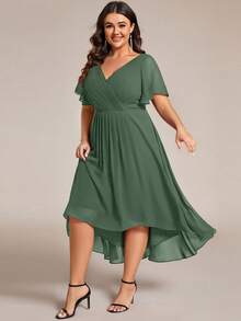 EVERPRETTY Plus Size Elegant Chiffon V-Neck Ruched Front Green Bridesmaid Dress, Soft High-Low Ruffle Hem, Suitable For Wedding Ceremony And Formal Evening Events - Green - View 4