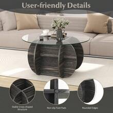 COSTWAY 35" Round Coffee Table, Modern Accent Table With Tempered Glass Top & Solid Wood Base, Unique Circle Center Table With Storage Compartment For Living Room, Black - Black - View 6