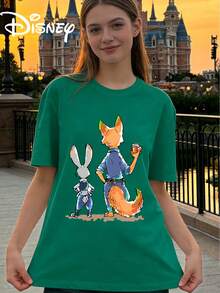 Disney Zootopia Judith Nick Back Printed Loose Short Sleeve T-Shirt Women's Casual Top - 綠色 - 查看 1