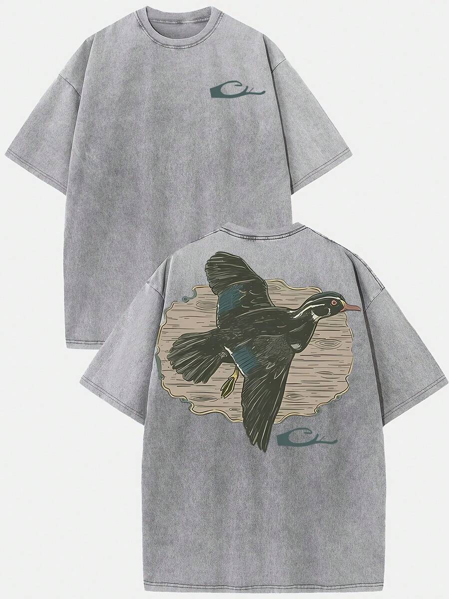 2026Orca Brand DuckHuntingGraphic230g Washed Cotton T-Shirt, Vintage Street Style, Double-Sided Printed Pattern T-Shirt, Men's T-Shirt, Distressed Clothing, Drop Shoulder Sleeves, Round Neck Top, Short Sleeves, Suitable For Gifting And Daily Wear, High-QualityWaxPrintedCottonRetroFashionBrandT-Shirt,Men'sT-Shirt,BeachMust-HaveMen'sSummerT-Shirt,HolidayGift,PerfectGift,Graphicteeswomen,Graphictee,Shirts - 灰色 - 查看 1