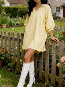 Women Fairy Grunge Summer Mini Dress Flowy Bubble Sleeves V Neck Solid Color Loose Fit Going Out Casual Streetwear - 黃色 - 查看 5