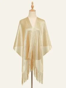 一件金属光泽披肩，配有圆形搭扣和流苏装饰，适合晚宴、婚礼等场合。 - 淺黃色 - 查看 5