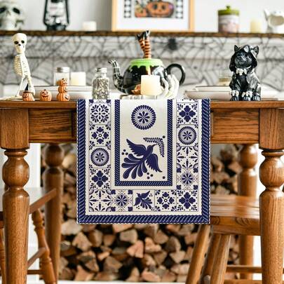 Day Of The Dead Floral & Bird Blue Patchwork Ceramic Tile Table Runner, Kitchen Dining Table Decor For Home Party, 13x35/13x47/13x72/13x90/13x108 Inches