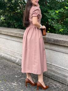 Marrant Midi Dress With Puff Sleeves, Princess Style, Elegant Sensual Fabric, Evangelical Fashion, Women's, Flared Waist, Front Buttons, Casual Chic, Sizes M To XL - 玫瑰/裸色 - 查看 5