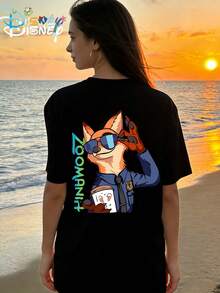 Disney Summer Fashion Single-Sided Printed Nick Wilde Round Neck Women's Loose Short Sleeved Shirt - Black - View 1