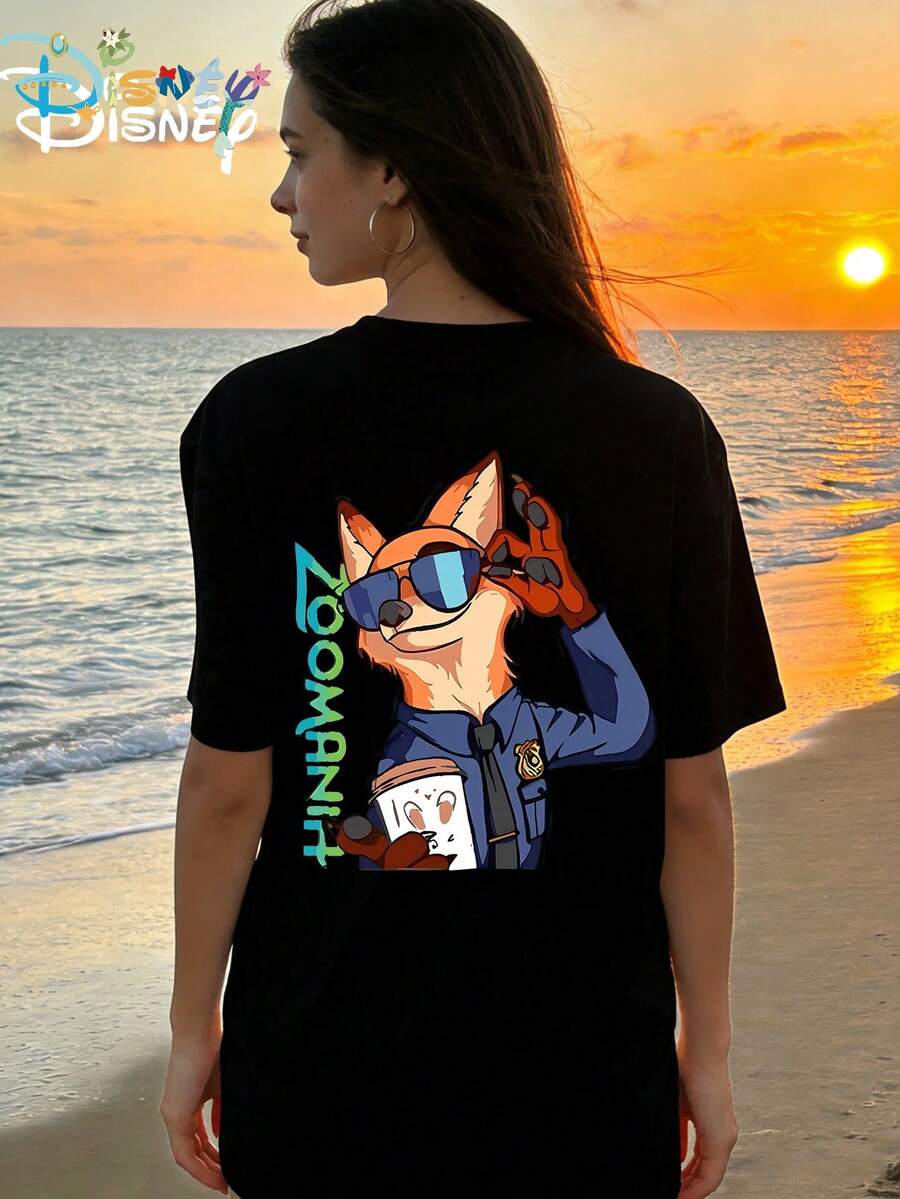 Disney Summer Fashion Single-Sided Printed Nick Wilde Round Neck Women's Loose Short Sleeved Shirt - Black - View 1