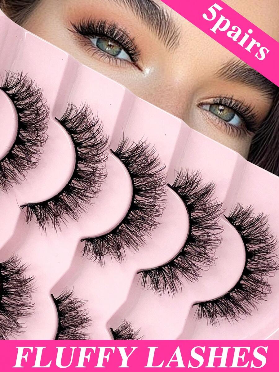 ENCHUW 5 Pairs Fluffy Lashes Wispy Cross Eyelash Soft Long Thick Volume Eyelashes Dramatic False Eyelashes Eye Lashes Makeup Extension - Black - View 1