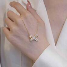 1pc Elegant Sparkling Stainless Steel Cubic Zirconia Butterfly Pendant Necklace, Suitable For Women's Party Wear And Gift - bow tie - View 1