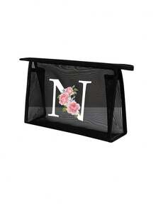 黑色网眼袋，印有创意花卉和A-Z字母图案，透明网眼化妆品收纳袋，大容量多功能旅行包，适合收纳化妆品、文具、珠宝首饰，适用于居家、旅行、商务、游泳等多种场合，也适合办公室、学校、工作、通勤、户外、旅行等。化妆包、化妆品收纳包、洗漱包、化妆品收纳袋、化妆包、洗漱袋、旅行包、度假必备品、女性旅行礼物。 - 黑色 - 查看 24