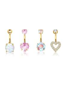 4pcs 14G Belly Button Rings Surgical Stainless Steel Round, Heart, Butterfly Cubic Zirconia Elegant Navel Barbell Stud Body Piercingm 10mm - Multicolor - View 7