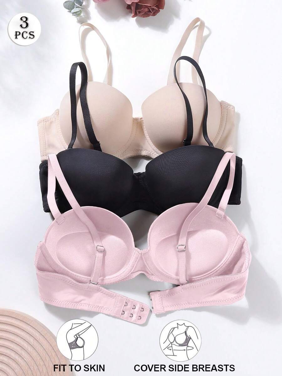 3pcs/Set Women's Solid Color Underwire Bras With Removable Straps (Recommend Sizing Up)