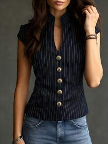女士优雅都市现代休闲通勤海军蓝白条纹单排扣衬衫，饰有仿口袋设计和V领。女士优雅办公/工作上衣、度假沙滩上衣、夏季开衫、户外上衣、蓝白条纹衬衫、修身衬衫。 - 深藍色 - 查看 3