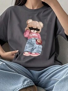 1 Pack Girls Casual Printed Crew Neck Short Sleeve T-Shirt Summer Student Youth Clothing - 深灰色 - 查看 2