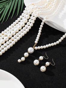 Bộ 1 dây chuyền và 1 đôi bông tai, dây chuyền ngọc trai nhiều lớp dành cho nữ, dây dài kiểu áo len, trang sức hạt cườm sang trọng đa năng, hàng mới về. - Một bộ dây chuyền ngọc trai - Xem 5