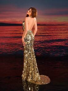 女士金色亮片拼接深V领露背长款派对晚礼服 - 金色 - 查看 1