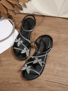 夏季新款休闲时尚玻璃水钻绑带交叉蝴蝶结圆头套脚女式户外平底沙滩凉鞋 - 黑色 - 查看 7