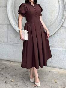 Elegant Casual Vintage Buttons Front Pleated Button Wedding - 巧克力棕色 - 查看 4