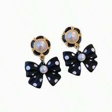 1 Pair New Dot & Bow Earrings, Korean Elegant Earrings - Black - View 4
