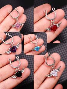 1件时尚独特、精致优雅的朋克风心形锆石翅膀假乳环，适合日常佩戴、海滩度假装扮 - 彩色 - 查看 10