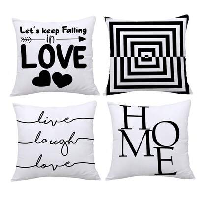 4pcs, 45x45cm Single-Sided Printed Throw Pillow Covers, "Love And Home" Black And White Geometric Pattern Cushion Covers, Polyester Fiber Material, Home Decor Pillow Shams, Suitable For Living Room Sofa And Bedroom Decor, Pillow Inserts Not Included
