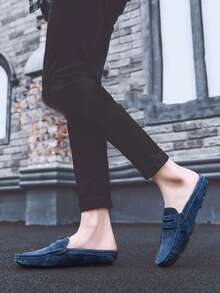Men's Slip-On Loafers, Lightweight Breathable Shock-Absorbing Round Toe Backless Flat Mules, Retro Casual Summer Walking Shoes, Blue Suede Faux Leather Loafers Slippers, Big Size 12 13 14 15 - Blue Hollowed-out - View 4