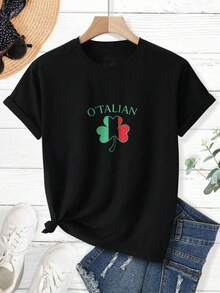 Men's T-Shirt, Women's T-Shirt,  St Patrick's Day Themed Designs Featuring,  O'talian Text Above A Shamrock With Italian Flag Colors Green White And Red On Black T-shirt Background Features Straw Hat Sunglasses White Sneakers And Jeans Comfortable And Versatile Outdoor Casual Short Sleeve - Negro - Ver 2