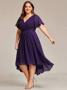 EVERPRETTY Plus Size Elegant Chiffon V-Neck Ruched Purple Bridesmaid Dress, Soft High-Low Ruffle Hem, Suitable For Wedding Ceremony And Formal Evening Events - Purple - View 4