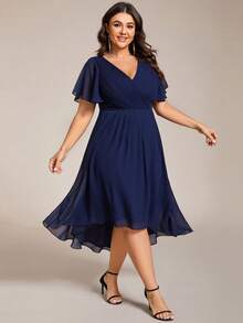 EVERPRETTY Plus Size Elegant Chiffon V-Neck Pleated Front Navy Blue Bridesmaid Dress, Soft High-Low Ruffle Hem Suitable For Wedding, Formal Evening Events - Navy Blue - View 4