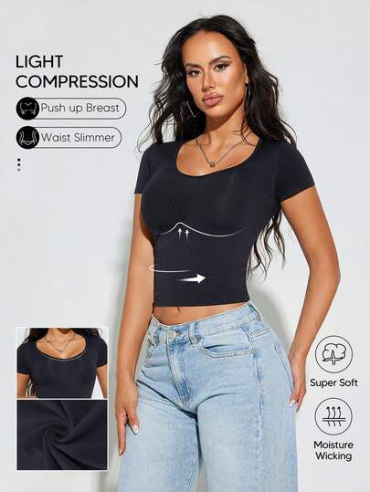 女士运动上衣 深V领短袖塑身衣 修身透气舒适背心打底衫