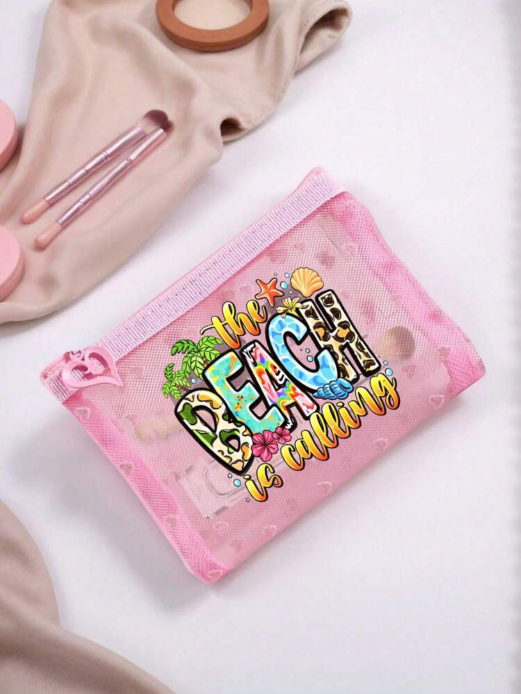 1pc Mini Portable Mesh Makeup Bag Printed With The Beach Is Calling Pattern, For Travel Storage Bag,Makeup Bag,Cosmetic Bag,Vacation Organizer, Skincare Bag, Lip Oil Storage Bag,Mother'S Day Gift, Birthday Gifts, Bathroom Storage, Student Dormitory Wash Bag,Gift To Wife, Family, Friends - Multicolor - View 4
