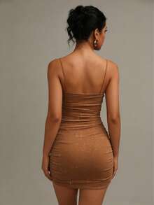 性感亮片褶皱紧身派对婚礼宾客连衣裙，优雅夏季度假迷你连衣裙 - 棕色 - 查看 6