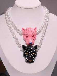 夸张粉色珐琅豹头珍珠吊坠项链，复古Y2K女士颈链，适合日常佩戴、派对、度假、街头摄影 - 彩色 - 查看 7