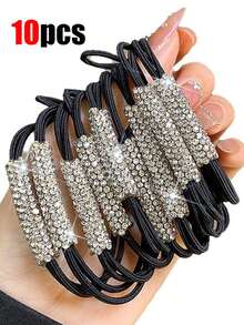 20/10/3pcs Women's Ponytail Rhinestone Hair Tie, Light Luxury Versatile Rubber Band, Reusable High Elasticity Women's Hair Rope, Suitable For Daily Dressing, Travel, Beach, Holiday Gift Giving Hair Rubber Bands Scrunchies Elastic Hair Tie - Black - View 8