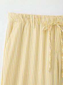 DEEKA 女士夏季宽松粘胶衬衫和条纹睡裤套装，春夏款 - 黃條紋 - 查看 11