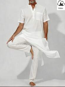 Áo choàng nam mùa hè mới, tay ngắn, cổ đứng, cài khuy nửa thân, dáng rộng, thoáng khí, phối cùng quần dài trơn màu, trang phục truyền thống Trung Đông. - trắng - Xem 2