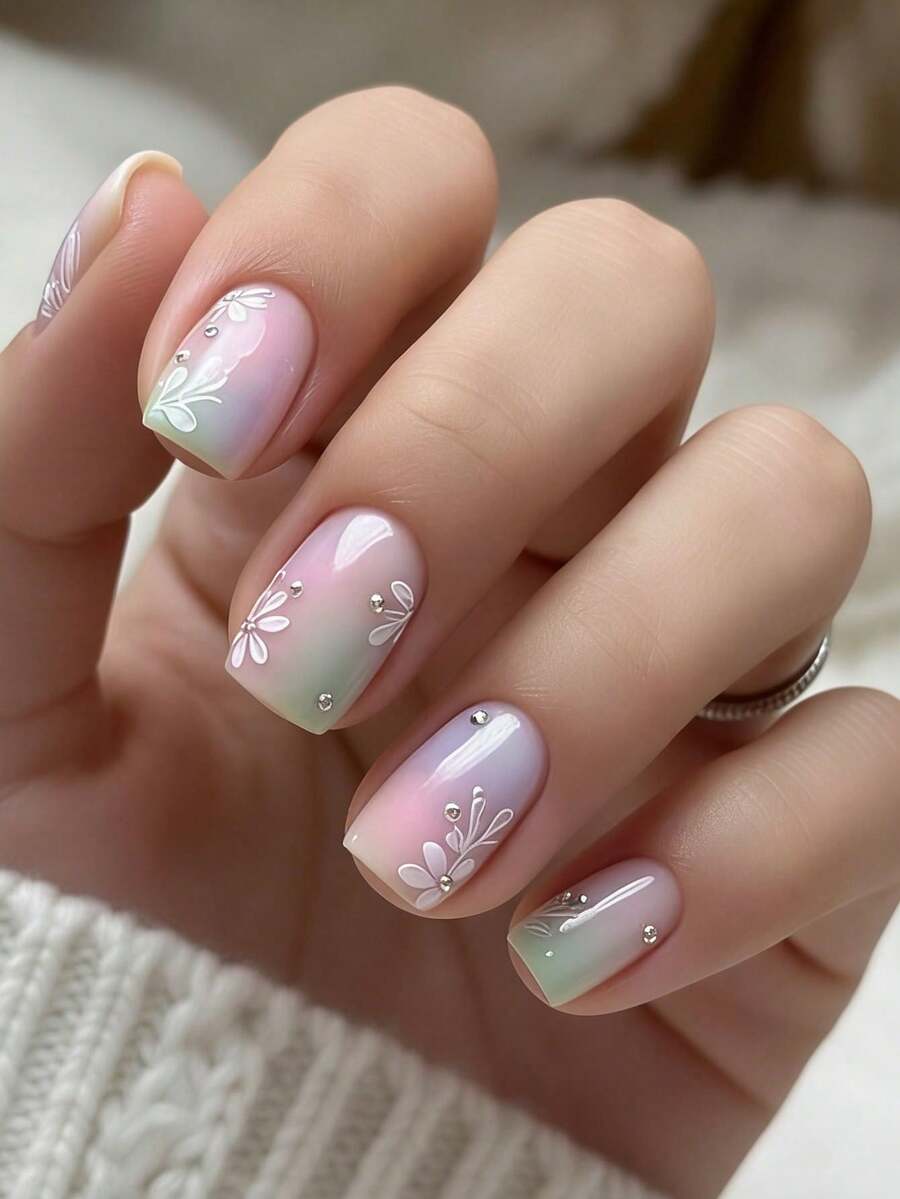 24 piezas de pegatinas de uñas acrílicas cuadradas cortas con degradado de color, decoración de flores de primavera y cristales, uñas postizas de alta brillo y cobertura completa, adecuadas para mujeres y niñas - Multicolor - Ver 1