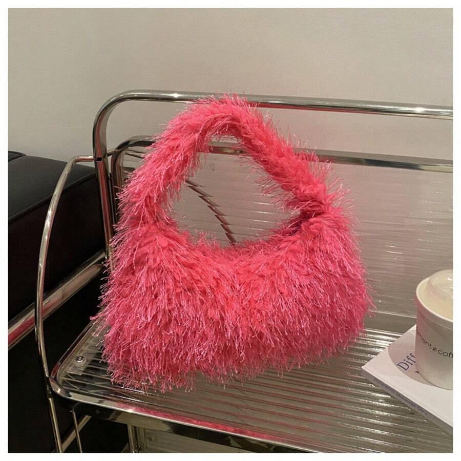 Solid Fluffy Soft Candy Color Satchel Bag, Y2K Style Faux Fur Tote Bags For Ladies, Party Bag, Party Dresses For Women, Winter Fur Purse, Suitable For Commuting, Work, Gatherings, Parties, Perfectly Matching With Fall Outfits Womenfall Clothes For Women, New Arrival Fur Bag For Women - 粉色 - 查看 1