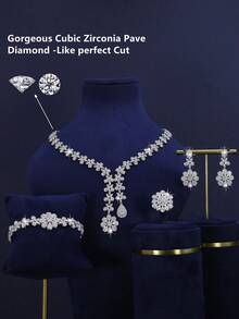 5pcs White Gold Plated Luxury Royal Style Floral Tassel Bridal Jewelry Set, Handset White Cubic Zirconia, Including Necklace, Bracelet, Earrings, Ring, Suitable For Daily Wear And Wedding, Wedding Anniversary Gift (Comes In Golden Gift Box) - White - View 3