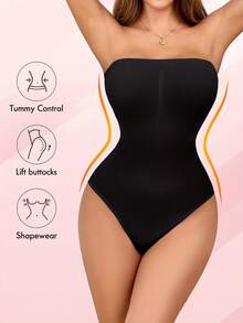 1pc Women's Strapless Solid Color Bodysuit, Seamless High-Waist Slimming Shapewear, Nylon Knit Fabric, No Padding, High Support Black Elegant Summer - Black - View 4