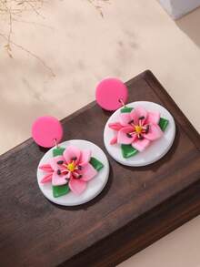 一对全新原创时尚花园系列手工白色底座3D粉色花朵绿叶耳环，自然优雅质感，适合派对、外出和日常佩戴。 - 粉色 - 查看 5