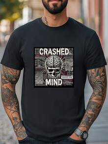 Camiseta Crashed Mind Skull con Gráfico de Código Binario y Cerebro Defectuoso, Unisex, Casual - Negro - Ver 1