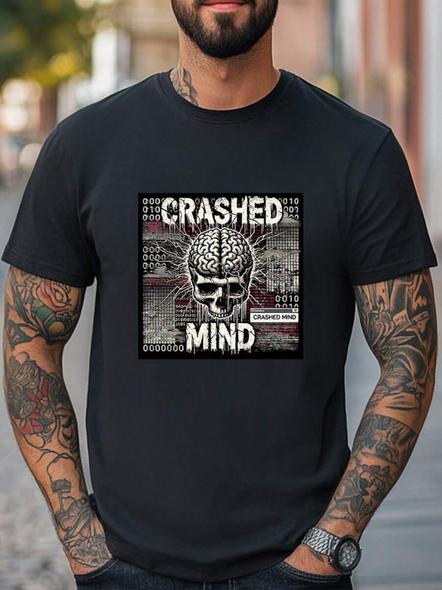 Camiseta Crashed Mind Skull con Gráfico de Código Binario y Cerebro Defectuoso, Unisex, Casual - Negro - Ver 1