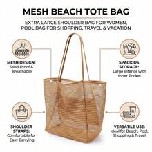 2026 Large Mesh Beach Bag For Women Sandproof Beach Tote With Zipper Pockets And Anti-Sand Bottom For Vacation Summer Essentials Pool Travel(Black) - 黑色 - 查看 10