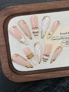 10pcs Y2K Nails Stiletto Press On Nails Set - Handcrafted, White Nails, Pink Nails, White French Tip Nails, Handmade 3D Gold Ring And 3D Rhinestone Ring Nails Art, Hand Drawn White Lace And Gold Pattern Design, Sparkling Gold Rhinestone Decoration, Delicate Graceful Nails Handmade Press On Nails - 彩色 - 查看 10