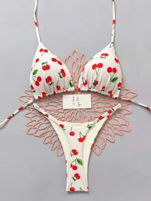 Cherry Print Spaghetti Strap Bikini Set, Suitable For Summer Beach Vacation - Multicolor - View 2