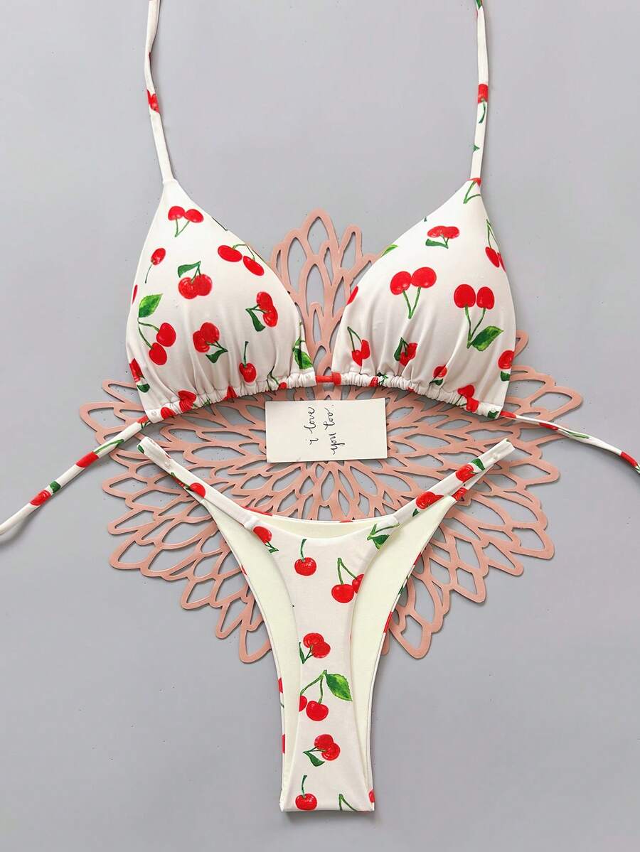 樱桃印花细肩带比基尼套装，适合夏季海滩度假 - 彩色 - 查看 1