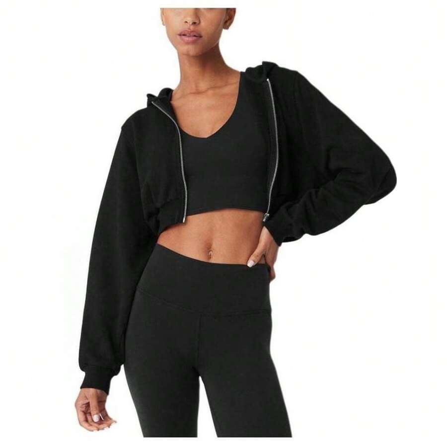 Alo Yoga Women's Accolade Cropped Full Zip Hoodie | Premium Heavyweight French Terry Fleece Sweatshirt | Luxury Soft Short Length Zip-Up Outerwear | Classic Streetwear Cropped Hooded Jacket | Urban Fashion Slimming Boxy Fit Gym Apparel | Athletic Leisure Jumper With Chrome Logo - Black - View 1