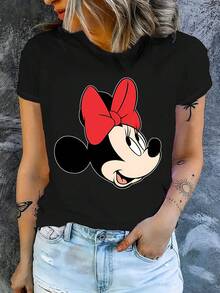 T-shirt à manches courtes Minnie Mouse sous licence Disney (1 pièce), col rond, matière extensible et facile d'entretien, idéal au quotidien, à la mode et décontracté. - Noir - Voir 3