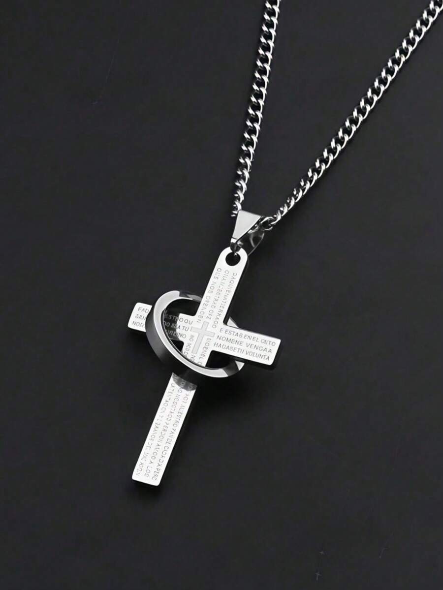 1pc Stainless Steel Cross & Hoop Pendant Necklace, Punk Style, Non-Fading, Suitable For Daily Wear, Parties, Special Occasions, And As A Gift - Multicolor - View 1