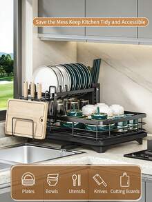 Heavy Duty Carbon Steel Kitchen Countertop Dish Drying Rack With Drain Pipe, High Capacity For Plates, Bowls, Cups & Cutting Boards, Moisture-Proof And Rust-Resistant, Keeps Kitchen Counter Tidy - Multicolor - View 3